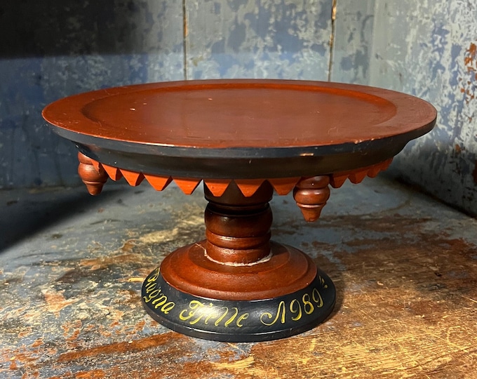 Dated 1989 Traditional Norwegian handcrafted cake/fruit stand, folkart from Telemark, Norway, country farmhouse style cabin interior
