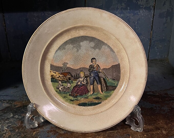 1800s Antique Egersund Norway wall hanging plate / kitchen decor "Norwegian Couple with Goat" ceramic/stoneware/faience, RARE collectible
