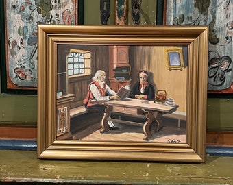 VTG Norwegian Oil painting "Old Age Solitude", Norwegian/Scandinavian national romance classic art, handpainted, gold filt wooden frame