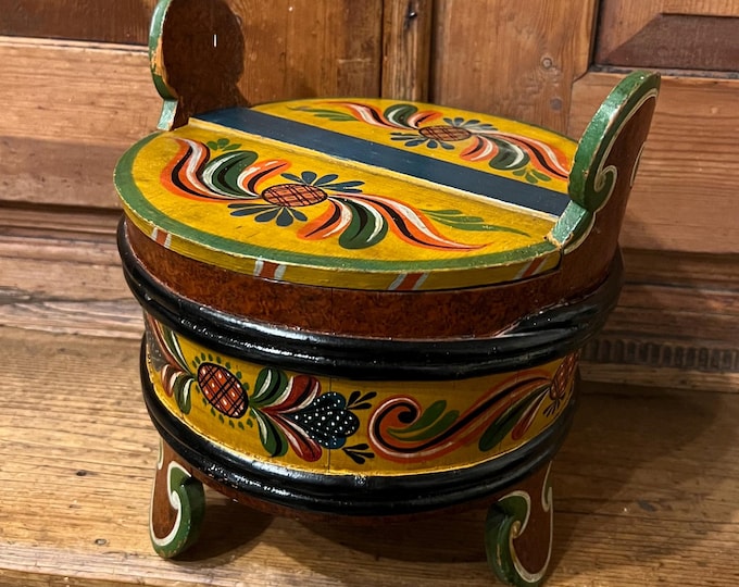 18/1900s Hallingdal Norway Primitive antique RUSTIC butter bucket / amber / tine box, rosemaling, Norwegian folk art, Handmade/ handcrafted