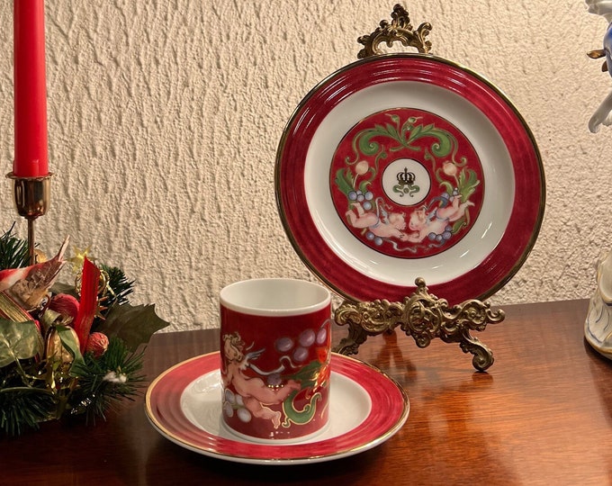 Rare "angels and gold crown" Norwegian design Christmas set, coffee/ tea/ breakfast mug, saucer and plate from Norway