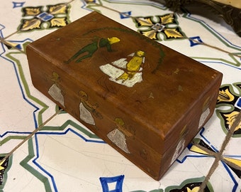1930/40s Vintage Memory & Keepsake Box,JEWELRY BOX with wedding theme, Scandinavian/Norwegian semi-antique box, handmade and painted