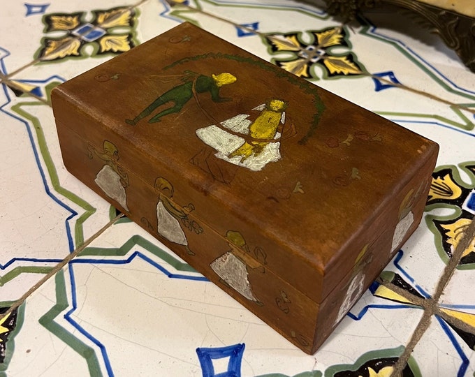 1930/40s Vintage Memory & Keepsake Box,JEWELRY BOX with wedding theme, Scandinavian/Norwegian semi-antique box, handmade and painted