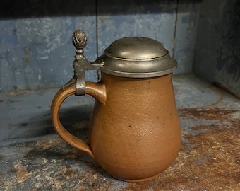 1800s Antique Beer Tankard / Mug, stoneware with pewter lid, ceramic / stoneware, primitive RUSTIC antique kitchen decor.