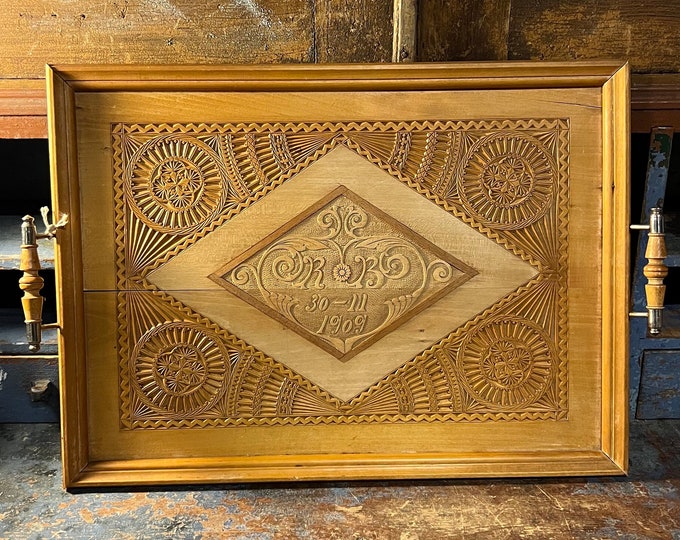Dated 1909 Norwegian wood carving serving tray with handles, hand crafted table decor from Norway, folk art UNIQUE, Primitive antique