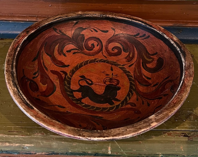 RARE 1700s Norwegian Ale/beer bowl with rosemaling and lion, Scandinavian antique folkart folk art, RUSTIC, Collectible
