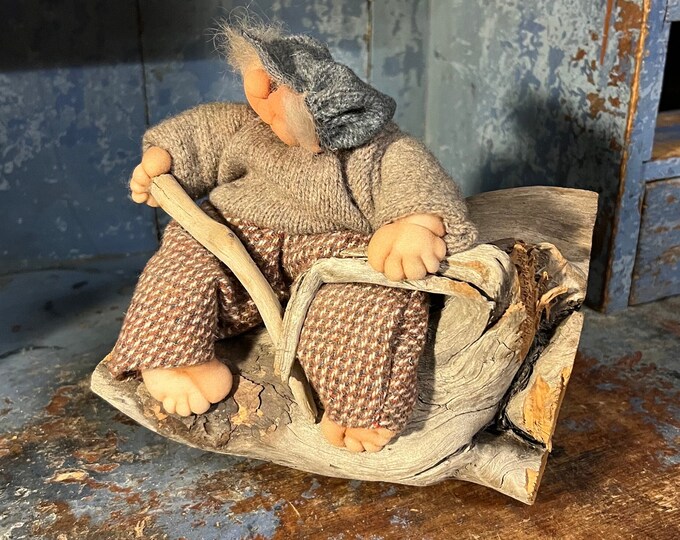 Unique Norwegian handmade / handcrafted figurine in textile on wooden/driftwood base, Scandinavian folkart from Norway.