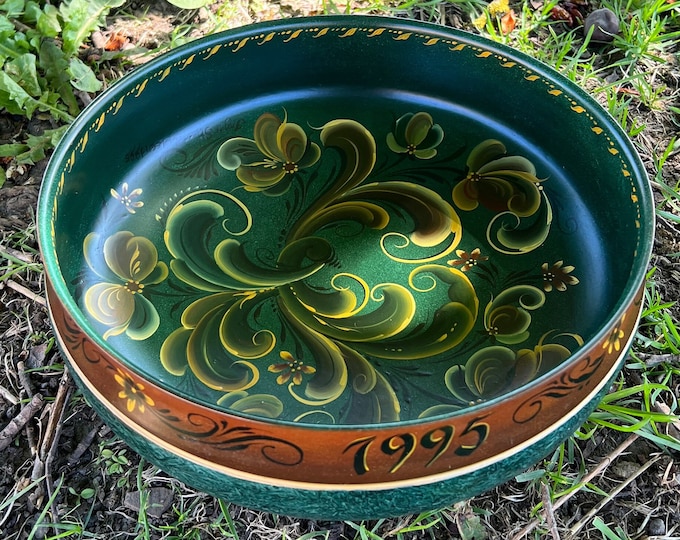 Dated 1995 Dia. 30cm Telemark rosemaling beer bowl by Inger Stuedal Olsen folkart folk art from Norway, Collectible, free shipping