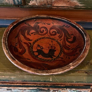 RARE 1700s Norwegian Ale/beer bowl with rosemaling and lion, Scandinavian antique folkart folk art, RUSTIC, Collectible