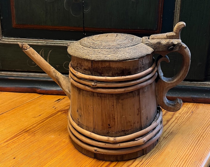 17/1800s' antique Spout jug, pipe jug/ tankard for beer, Norwegian folkart, RUSTIC ANTIQUE, country / farmhouse style, rustic cabin interior