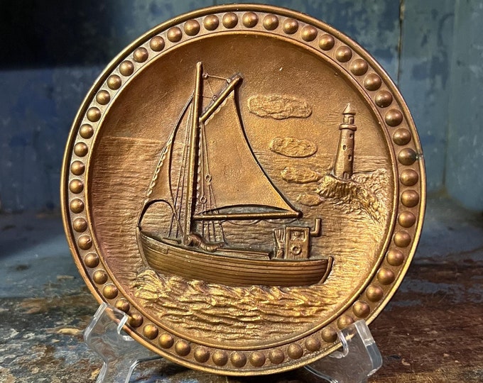 Vintage c.1970s "Sailing Ship At Sea" wall hanging Copper pewter plate, traditional Norwegian/Scandinavian  home decor