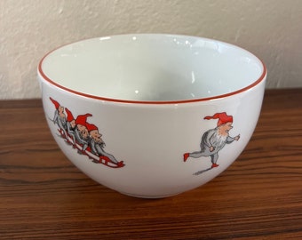Porsgrund Nisse Medium serving /Candy/Sauce Bowl Norwegian design nisse motifs with red rim, Vintage Scandinavian Christmas table serving