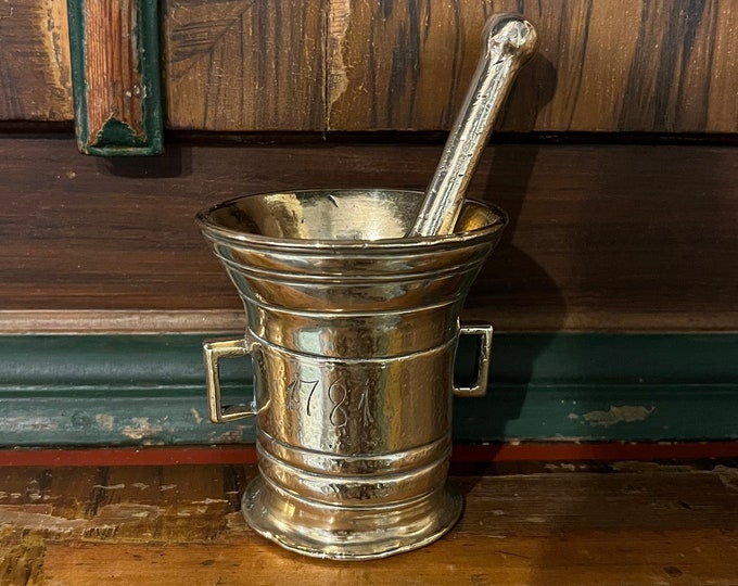 Antique 1781 Bronze/brass mortar from Norway, Original Norwegian antique 241 years' old, Collectible, Christmas decor,farmhouse style.
