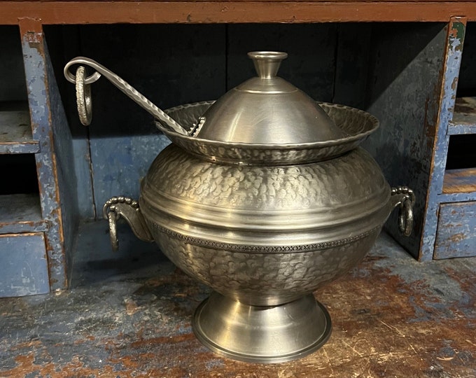 RARE 1971 Norwegian Pewter Punch Bowl / Soup / porridge tureen with Ladle, Viking dragon style handle, Rustic table serving