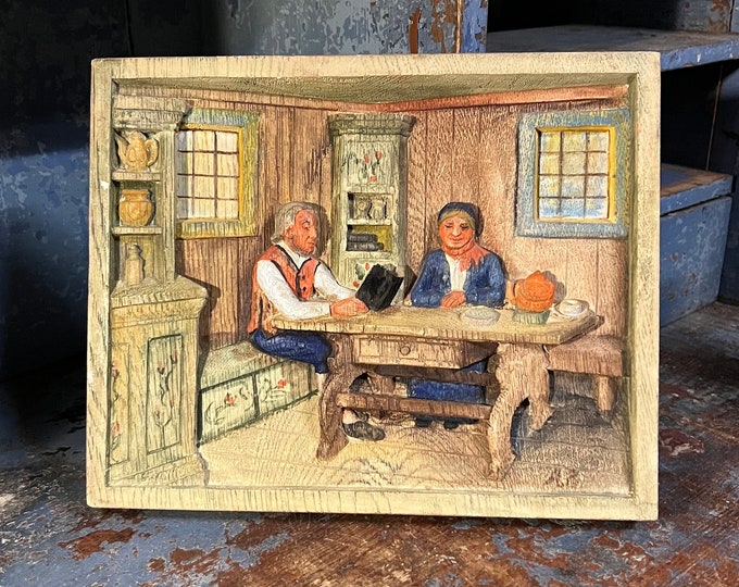 Vintage 1940/50s handcrafted Norwegian Relief wall hanging "Old Age Solitude", Scandinavian national romance classic art, handpainted