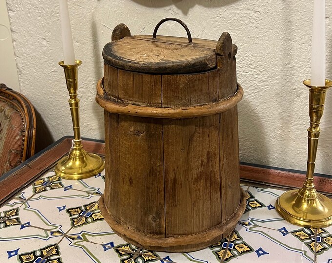 Dated 1891 antique groat/porridge amber/Tine box/kitchen container from Norway, Norwegian/Scandinavian folk art, rustic farmhouse style