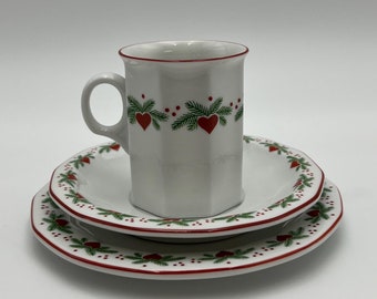 1990s Porsgrund 'Hearts & Pines' Norwegian design coffee/ tea / breakfast mug, saucer and plate TRIO from Norway