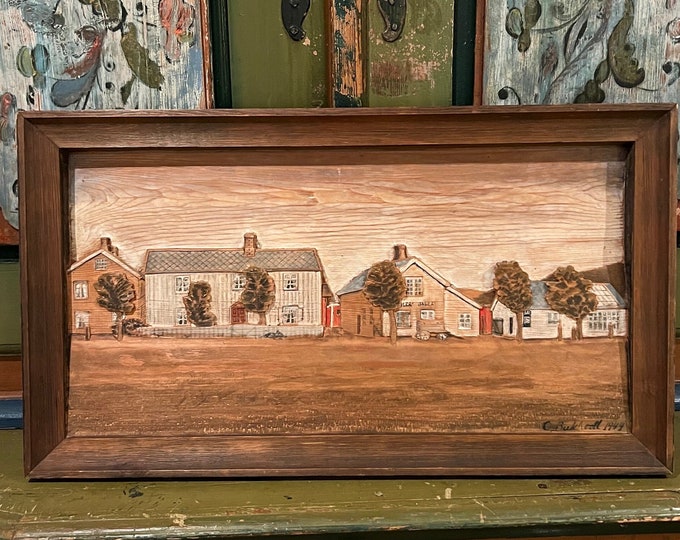 Dated 1944 Norwegian folk-art handcarved art/sculpture "Houses and Bakery" by famous Ole Bukkvoll(1889-1971), signed by artist