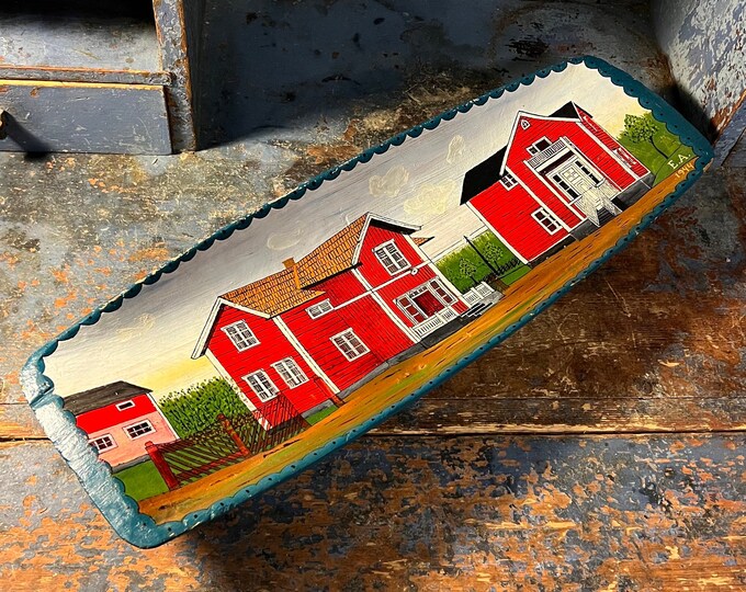 Dated 1944 UNIQUE Norwegian serving tray / trau / Dough Bowl, handcrafted & Handpainted folk art country/ farmhouse style cabin interior