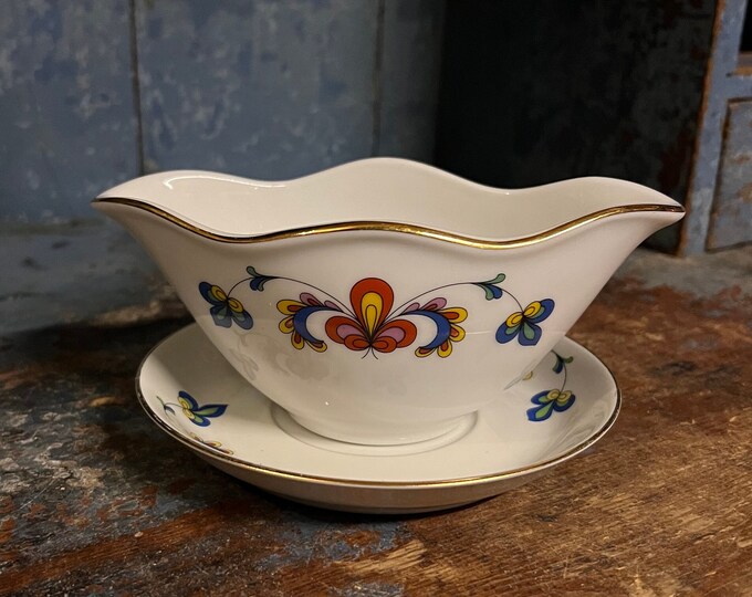 Vintage FARMERS ROSE Sauce bowl / Gravy BOAT  Norwegian Porsgrund design with Gold rim, Scandinavian design table serving