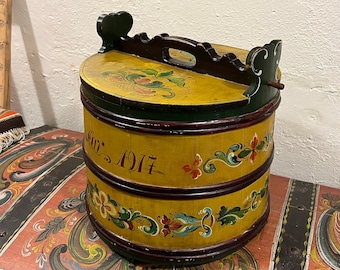 106 years old antique groat/porridge amber/Tine box from Norway, Norwegian/Scandinavian folk art, original Rosemaling dated 1917