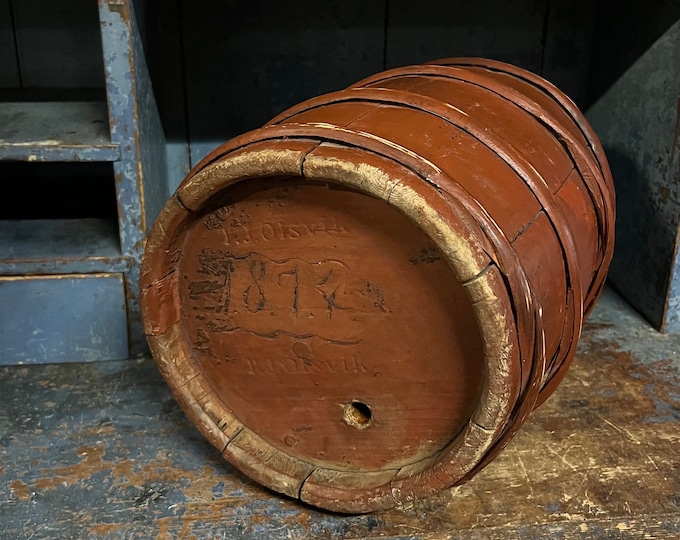 Dated 1874 Primitive antique Norwegian/Scandinavian wine barrel/bottle, flower stand/pedestal Collectible