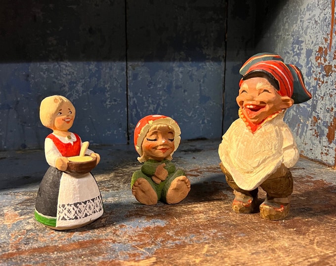 3 pc Vintage HENNING Figurine, Handcrafted, Norwegian/Scandinavian wood carving folk art, handmade Collectible