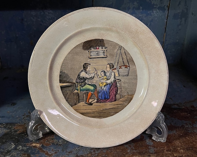 1800s Antique Egersund Norway wall hanging plate / kitchen decor "Norwegian farmer with his wife and baby" ceramic/stoneware/faience