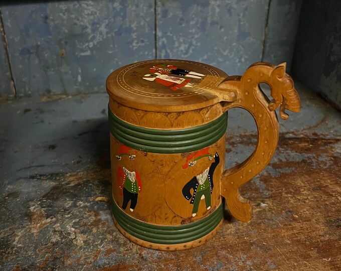 1914 Antique Norwegian jug / tankard with dragon handle, detailed scorched Nisse pattern, country / farmhouse style, Wedding gift
