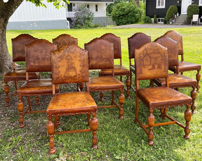 Antique Norwegian handcrafted chairs in leather and birch wood, Louis XIII/Renaissance style, Norwegian / Scandinavian folkart motif