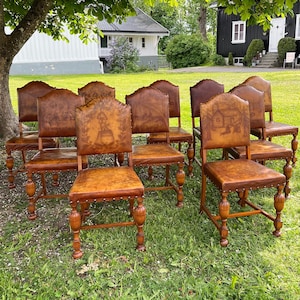 Antique Norwegian handcrafted chairs in leather and birch wood, Louis XIII/Renaissance style, Norwegian / Scandinavian folkart motif