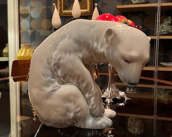 Vintage Porsgrund Johan Sirnes (1883-1966) design "Sitting Polar Bear" sculpture Norwegian Porsgrund Porcelain, collectible