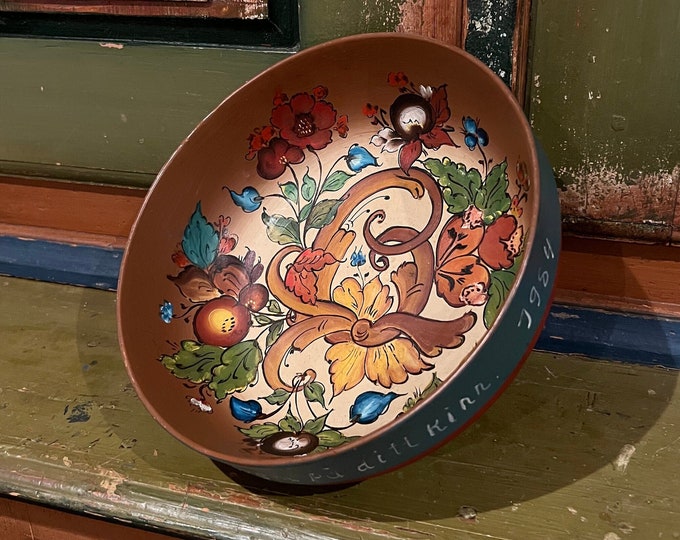 Dated 1984 VTG Norwegian rosemaling beer bowl, handpainted folkart folk art from Norway Collectible wall hanging, fruit bowl