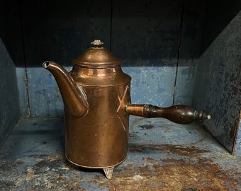 17/1800s Antique Gustavian Copper Coffee Pot, Kettle / Jug with wooden handle, Coffee/Tea Pot, RUSTIC cabin / farmhouse table serving