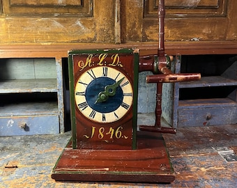 Dated 1846 Primitive Norwegian yarn winder with counter clock, Wooden tool, handcrafted Scandinavian RUSTIC Antique folk art