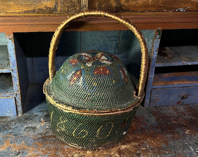 Dated 1860 Antique Norwegian handcrafted wool basket with beautiful patina, RUSTIC, Country / farmhouse style, collectible