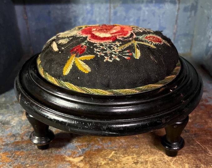 1800s antique Norwegian needle cushion / pillow with hand Embroidered floral pattern, RUSTIC cabin / farmhouse / country style interior
