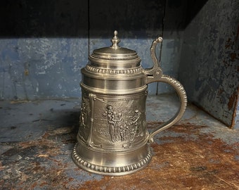 Ca. 1960s Vintage Pewter jug / tankard with detailed decoration, relief motif. Beer tankard, wedding gift