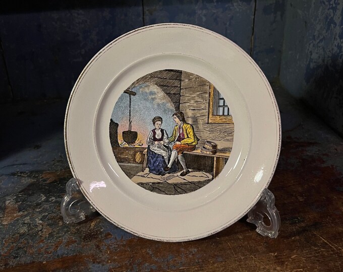1800s Antique Egersund Norway wall hanging plate / kitchen decor "Norwegian Couple in the fireplace living room" ceramic/stoneware/faience