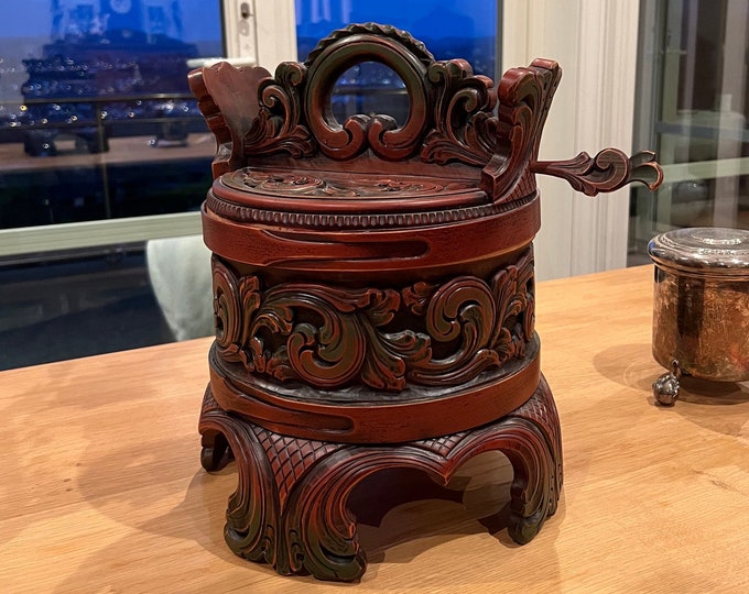 Norwegian groat/porridge amber ambar from Telemark, folk art from Norway, a master piece, Scandinavian wood carving folkart Artist signed