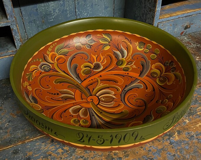 RARE XL Telemark rosemaling beer bowl, professional painted and signed folkart folk art from Norway Collectible