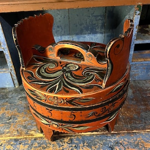 Dated 1835 Hallingdal Rosemaling - antique groat / porridge ambar / Tine box / butter bucket from Norway, RUSTIC folk art, handcrafted