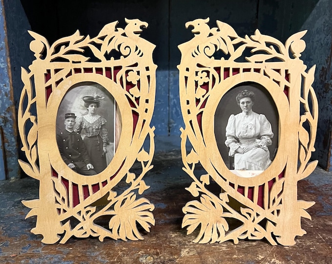 VTG Dragon style wooden frame with Original 18/1900s photo, pair, handcrafted Norwegian National Romance Art