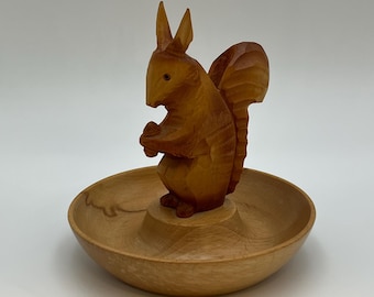 VTG ca.1970s  handcarved wooden Nut bowl with Squirrel Nut Cracker Holder, detailed wood carving, beechwood folk art.  Christmas gift