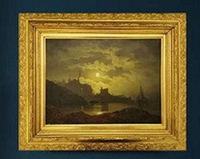 Ca. 1852 Knud Baade (1808–1879) Famous Norwegian Oil painting "Coastal landscape with folk life in the moonlight", National Romance art