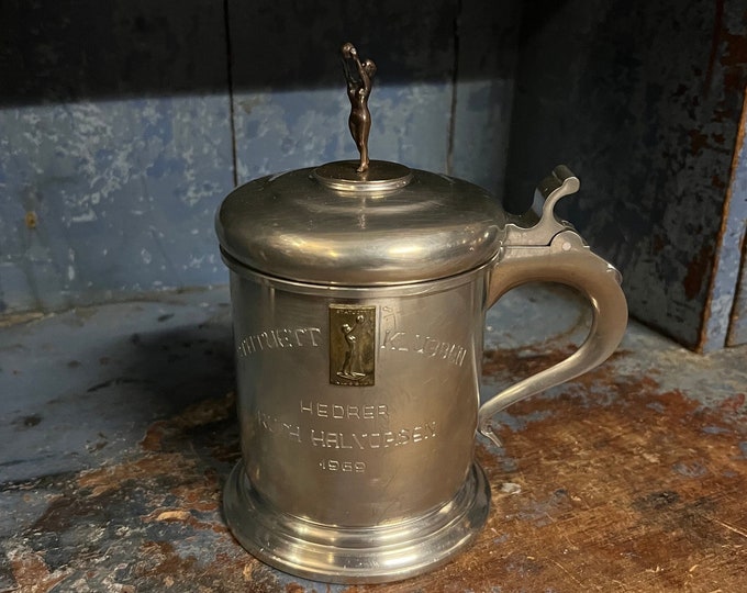 1969 Norwegian Pewter jug / tankard with ART DECO style figurine,  Statue Club