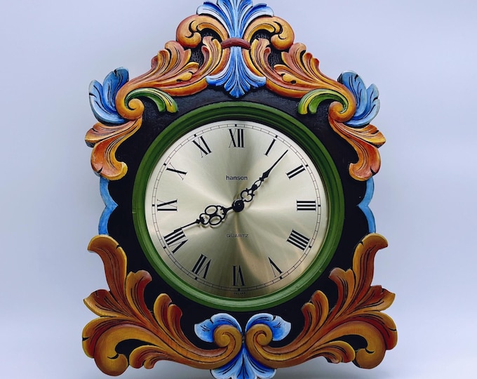 1980s Unique Wall Hanging Clock with hand-carved pattern, Scandinavian Housewarming gift, Vintage, Norwegian heritage Cabin/Farmhouse