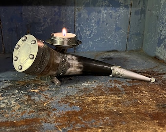 UNIQUE Vintage Norwegian/Scandinavian VIKING horn pewter Tea light holder, country / farmhouse / cabin interior, table decor