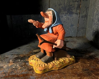 Dated 1995 Odd Wiig (1928-96)  handcrafted "Old Lady / Witch" Figurine, RARE Norwegian folk art sculpture, wood carving folkart, Collectible