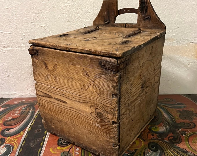 Dated 1819 Norwegian antique Wall Hanging Wooden Salt box / Coffee box /Sugar Box, handcrafted Scandinavian folkart,kitchen storage. rustic